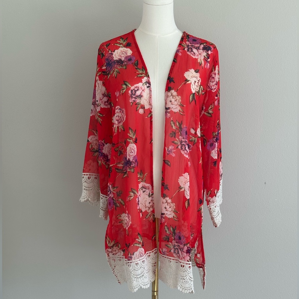 Rewind Red Floral Kimono/Cardigan with Crotchet Trim - L